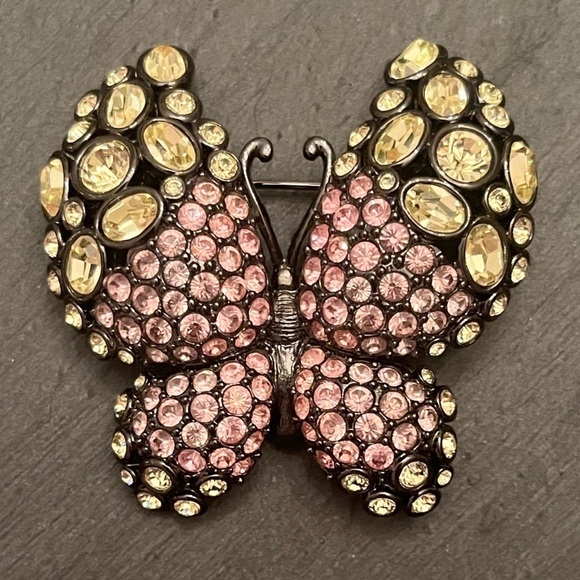 Nolan Miller Multi Color Crystal Butterfly Brooch on Black Base - Picture 2 of 3